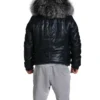 Mens Black Leather Bomber Hooded Parka Fur Jacket Mens Black Leather Bomber Hooded Parka Fur Jacket