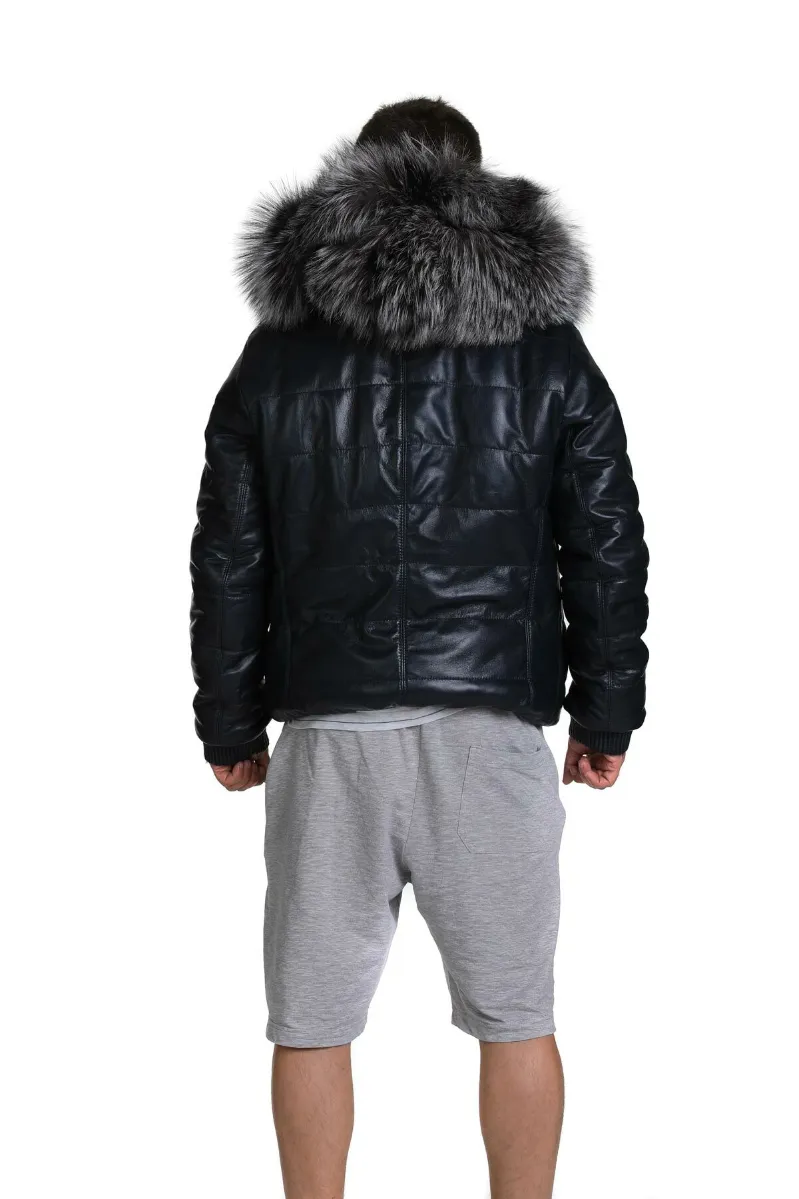 Mens Black Leather Bomber Hooded Parka Fur Jacket Mens Black Leather Bomber Hooded Parka Fur Jacket