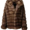  	Fluffy Sable Fur Brown Coat With Hood