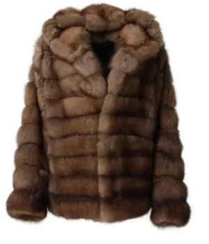  	Fluffy Sable Fur Brown Coat With Hood