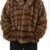  	Fluffy Sable Fur Brown Coat With Hood