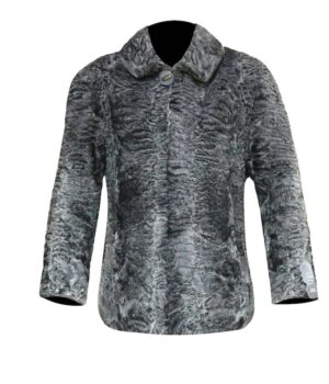  	Persian Karakul Lamb Mink Fur Collar Gray Jacket