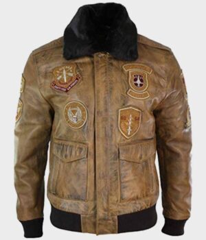  	Devin Aviator Tan Bomber Brown Jacket with Patches