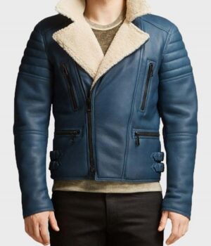  	Benji Shearling Fur Blue Sheepskin Leather Jacket