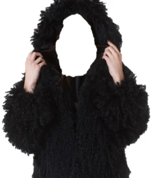  	Womens Mongolian Lamb Fur Black Hooded Coat