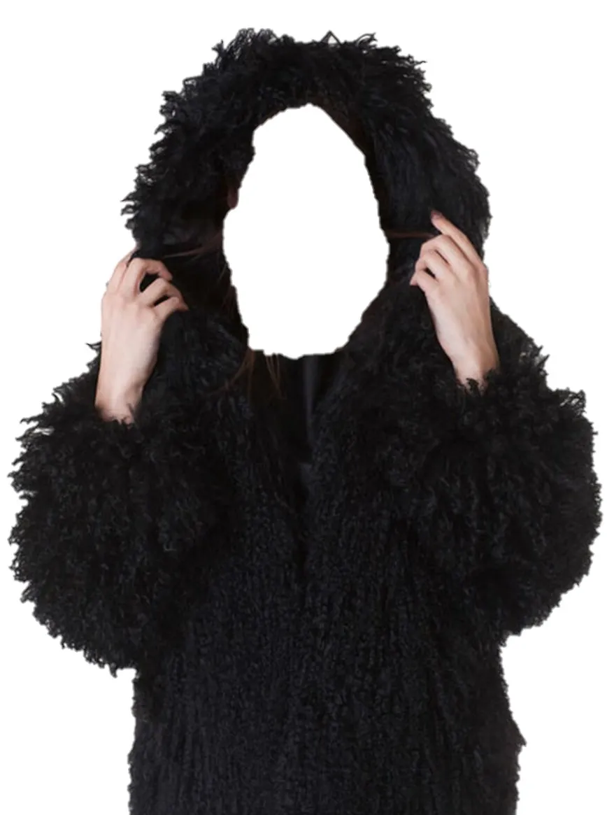 Womens Mongolian Lamb Fur Black Hooded Coat Womens Mongolian Lamb Fur Black Hooded Coat