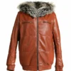  	Reversible Fox Brown Leather Hooded Bomber Jacket