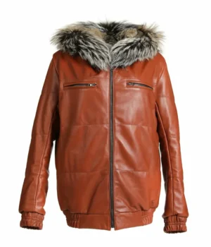  	Reversible Fox Brown Leather Hooded Bomber Jacket