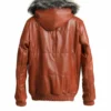  	Reversible Fox Brown Leather Hooded Bomber Jacket