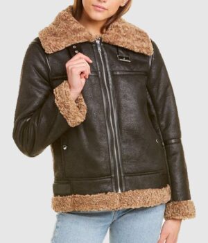  	Laura Black SF Bomber Aviator Shearling Jacket