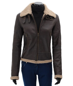  	Addie Dark Warm Shearling Leather Jacket