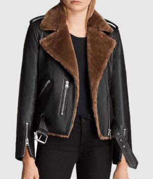  	Adah Slim Fit Shearling Biker Leather Jacket