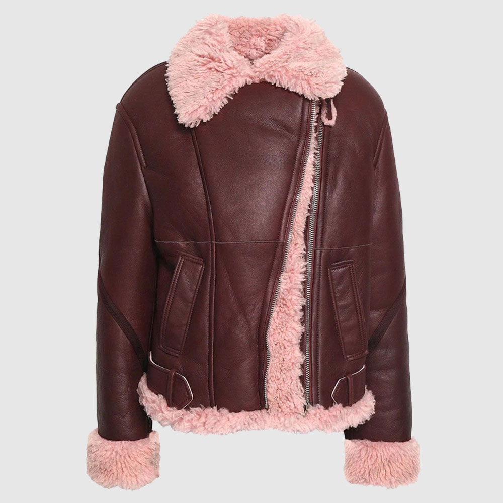 Kathleen Burgundy Shearling Fur Lined Leather Jacket Kathleen Burgundy Shearling Fur Lined Leather Jacket