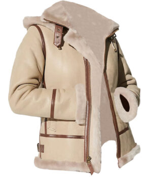  	Alicia Beige Shearling Fur Hooded Leather Jacket