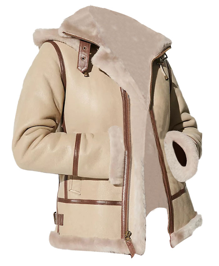 Alicia Beige Shearling Fur Hooded Leather Jacket Alicia Beige Shearling Fur Hooded Leather Jacket