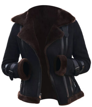  	Meghan Shearling Fur Bomber Suede Jacket