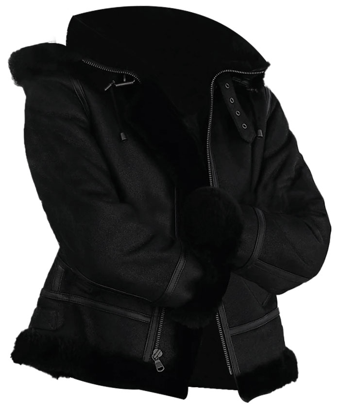 Joel Sheepskin Shearling Fur Black Hooded Jacket Joel Sheepskin Shearling Fur Black Hooded Jacket