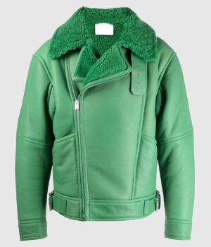  	Holly Aviator Shearling Fur Green Biker Jacket