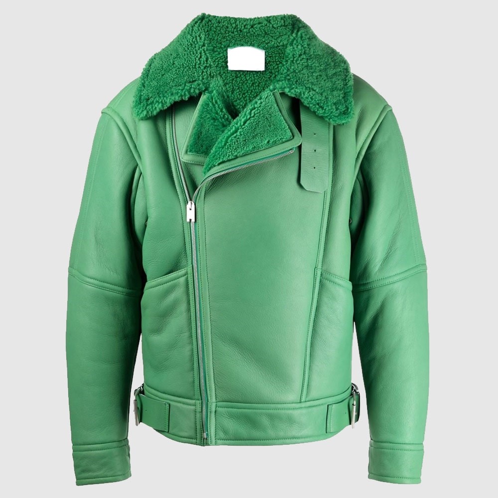 Holly Aviator Shearling Fur Green Biker Jacket Holly Aviator Shearling Fur Green Biker Jacket