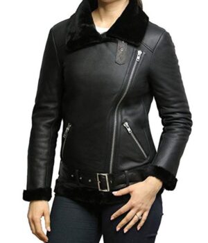  	Victoria Black Aviator Shearling Sheepskin Jacket