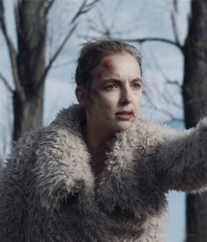  	Jodie Comer Killing Eve Villanelle White Faux Fur Jacket