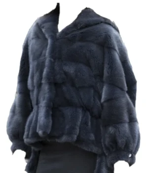  	Womens Navy Blue Mink Fur Hooded Jacket