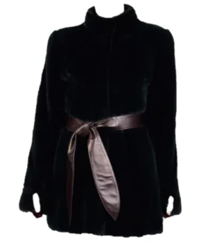  	Womens Black Mink Fur Coat With Leather Belt