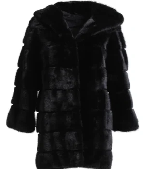  	Womens Mink Fur Black Swan Hooded Coat