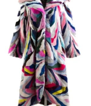  	Womens Mink Fur Full Length Multicolor Coat With Hood