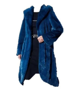  	Womens Navy Blue Hooded Mink Fur Long Coat