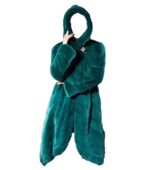  	Womens Green Hooded Mink Fur Long Coat