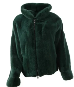  	Mens All Green Mink Fur Bomber Jacket With Hood