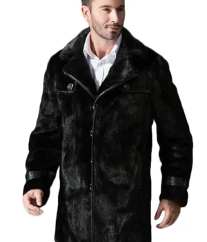  	Mens Black Mid Length Mink Fur Soft Coat