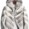  	Mens White and Grey Cross Hooded Mink Fur Coat