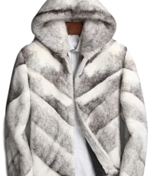  	Mens White and Grey Cross Hooded Mink Fur Coat