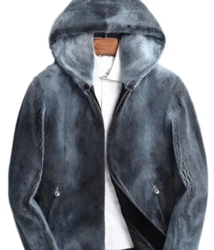  	Black and Grey Shaded Mink Fur Hooded Jacket