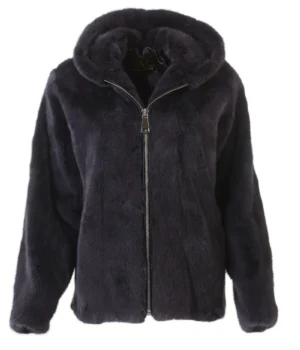  	Mens Black Mink Fur Bomber Hoodie Jacket