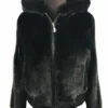  	Mens Black Mink Fur Hooded Bomber Jacket