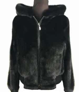  	Mens Black Mink Fur Hooded Bomber Jacket