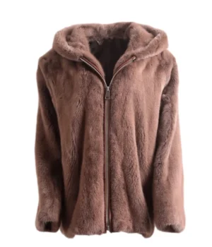  	Mens Brown Mink Fur Jacket With Hood