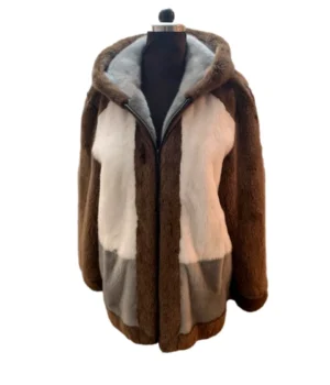  	Mens Brown and Beige Colorblock Mink Fur Jacket