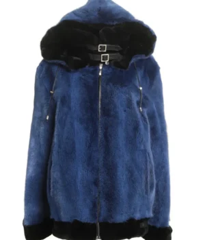  	Mens and Womens Blue Hooded Mink Fur Jacket