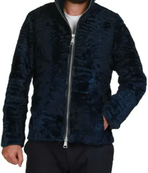  	Mens Blue Swakara Lamb Fur High Collar Jacket