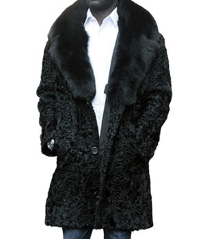  	Jeffery Persian Lamb Astrakhan Black Fox Fur Collar Coat