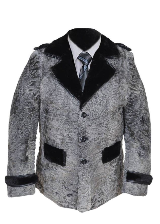Men Swakara Wavy Mink Fur Straps Collar Gray Coat Men Swakara Wavy Mink Fur Straps Collar Gray Coat