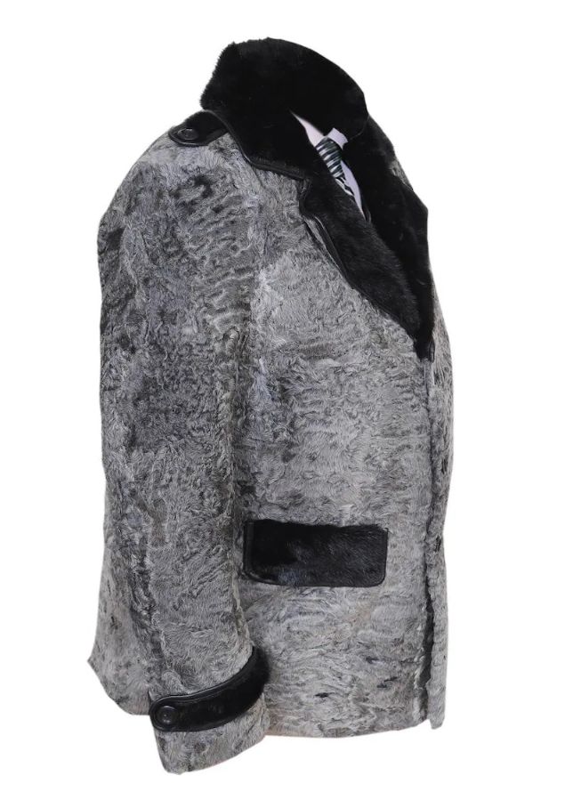 Men Swakara Wavy Mink Fur Straps Collar Gray Coat Men Swakara Wavy Mink Fur Straps Collar Gray Coat