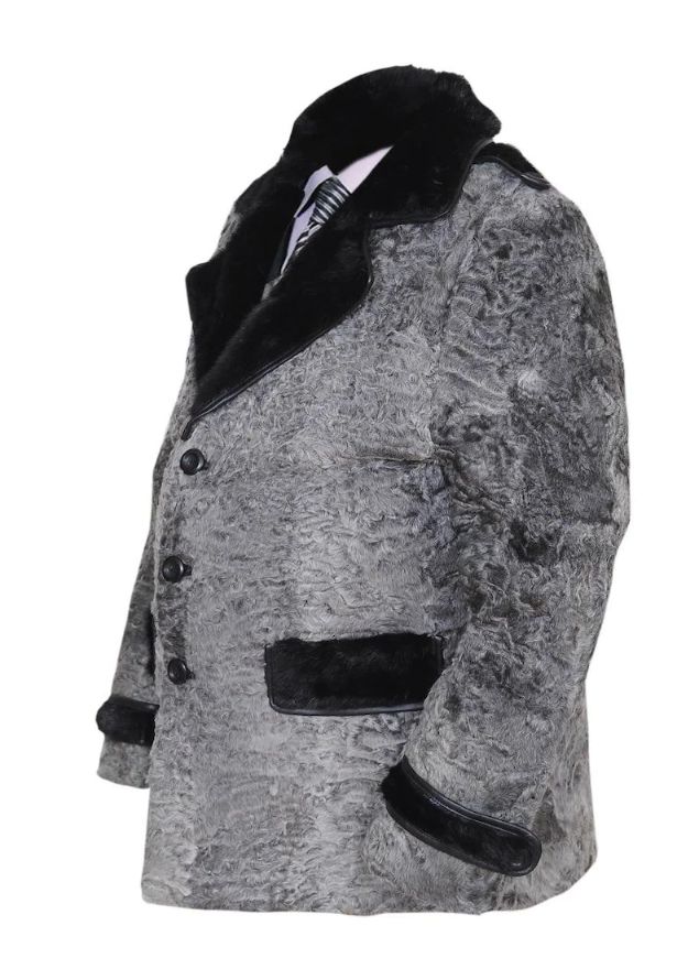 Men Swakara Wavy Mink Fur Straps Collar Gray Coat Men Swakara Wavy Mink Fur Straps Collar Gray Coat