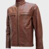  	Snap Tab Collar Classic Mens Brown Leather Jacket