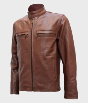  	Snap Tab Collar Classic Mens Brown Leather Jacket