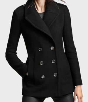  	Womens Black Wool Lapel Collar Pea Coat